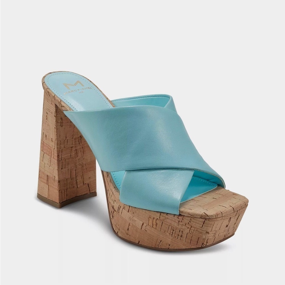Marc Fisher Farlow Aqua Crisscross Platform High Cork Heel Sandals sz 8.5